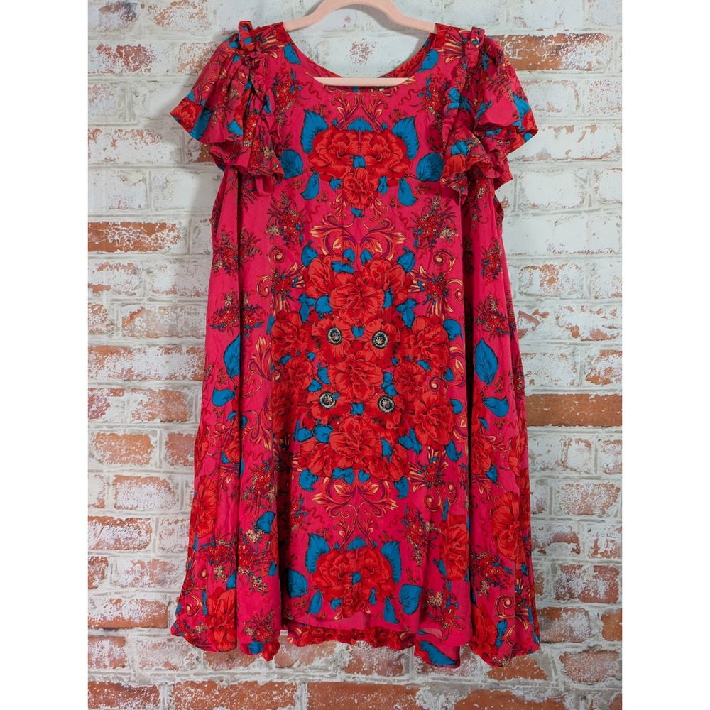 Free People Floral Mini Dress Womens M Red Ruffle Sleeve Boho OB1705306
